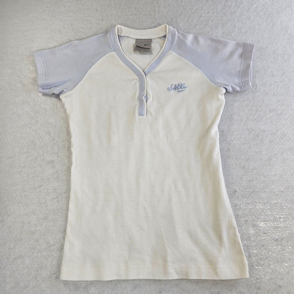Nike Shirt Womens Medium Pastel Purple White Swoosh Logo Short Sleeve Henley